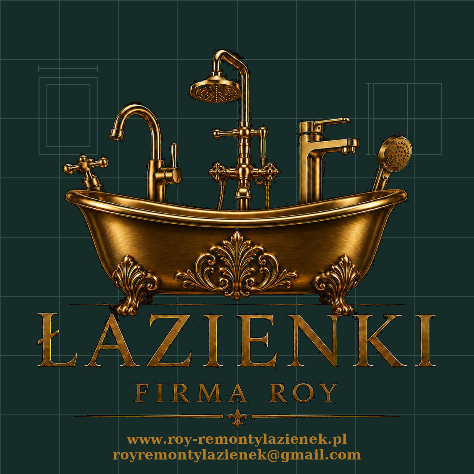 Logo ROY ze złotą wanną, technicznym rysunkiem płytek oraz adresem strony i e-mailem na zielonym tle